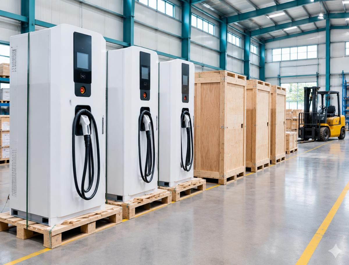 EV charging equipment and crated industrial cargo in a warehouse