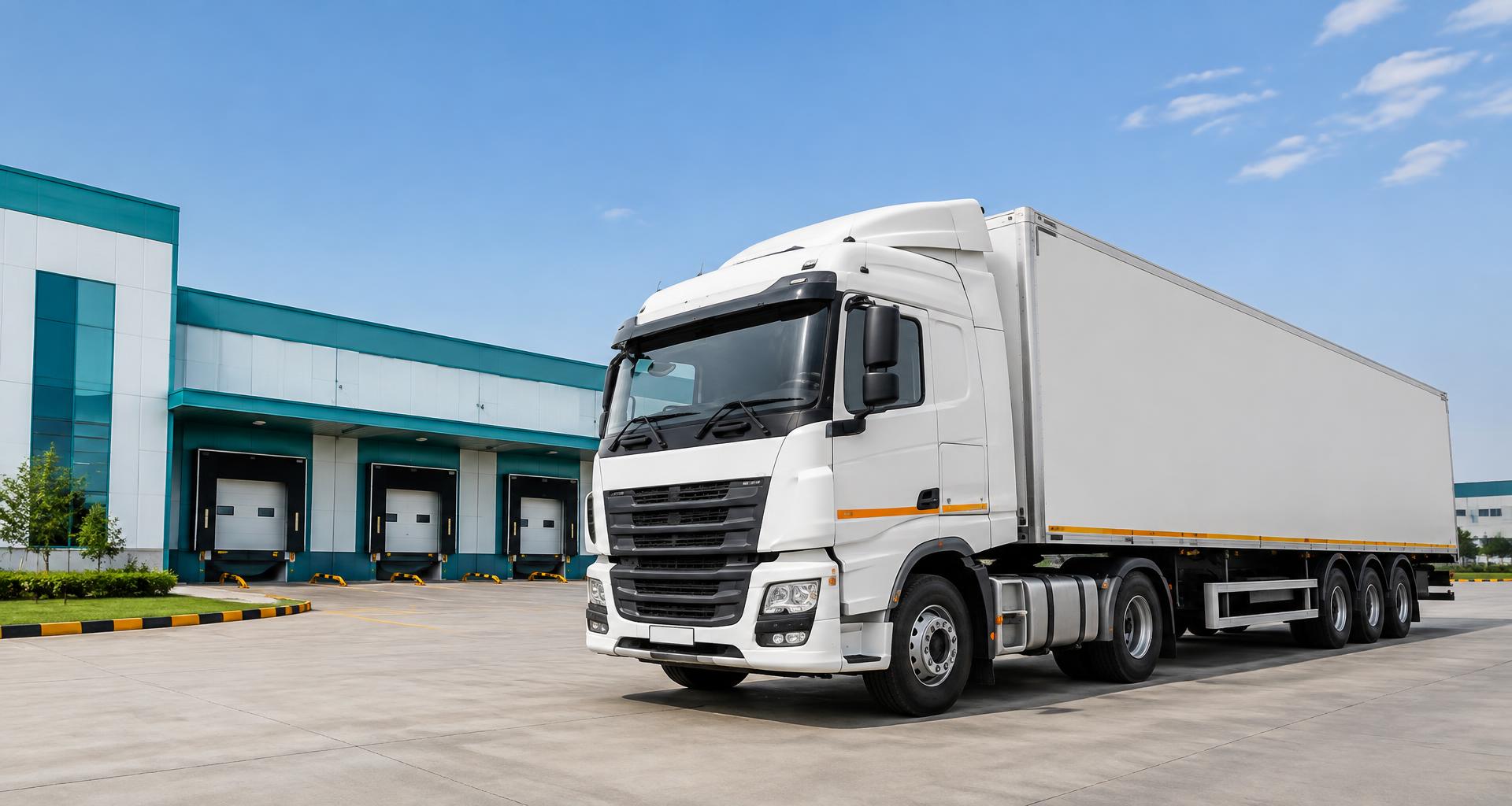 White freight truck outside a modern industrial logistics warehouse