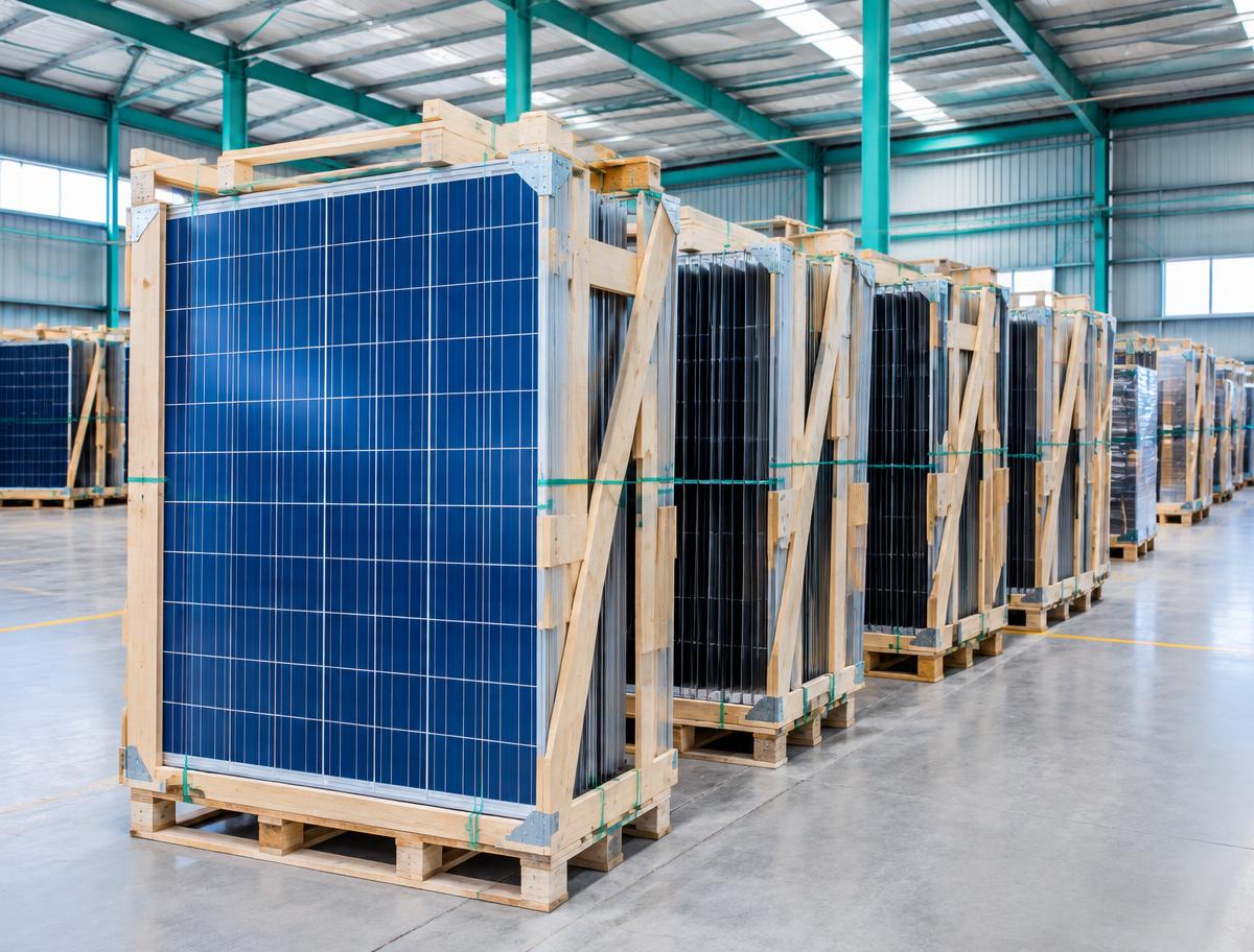 Solar photovoltaic modules secured in protective wooden shipping racks